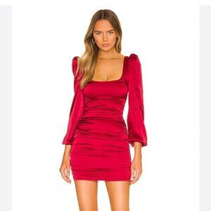 More To Come Blaire Mini Dress in Wine red satin ruched blouson sleeve Revolve M
